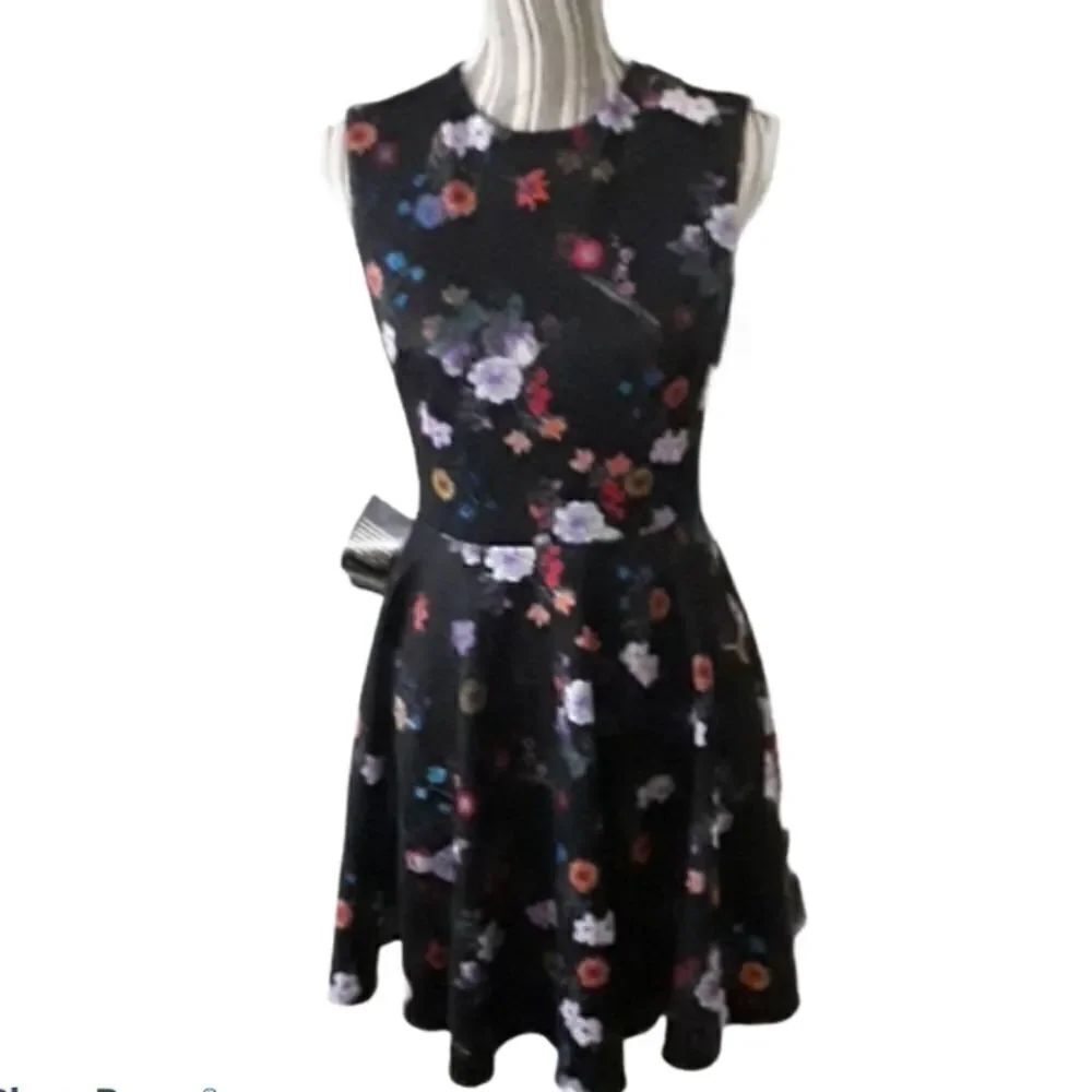 Bebe Black Floral Fit & Flare Dress